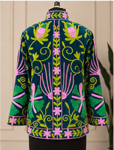 Hochwertige Rosa Blumen Türkis Grün 100% Baumwolle Schnelltrocknende Handgenähte Bestickte Suzani Gesteppte Jacke & Mantel OEM-Lieferant Indien - Product Image 6