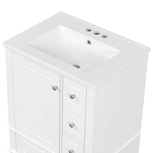 Meuble-lavabo autoportant blanc de 24 pouces avec vasque, tiroirs, plateau en céramique, étagères de rangement, en MDF massif – Meubles-lavabos de salle de bain de 24 pouces - Product Image 4