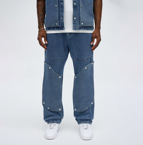 Custom Light Blue Cotton Wash Slim Casual Breathable Straight Denim Rhinestone Jeans for Mens wnith Logo - Product Image 1