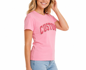T-shirt rose personnalisé pour femme, imprimé floqué, col rond, manches courtes, décontracté, en jersey de coton respirant, coupe classique, pour le printemps et l'été - Product Image 4