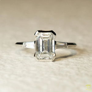 <b>Emerald</b> Cut Moissanite Three Stone Engagement <b>Ring</b> 925 Sterling <b>Silver</b> Vintage Style Prong Setting Tapered Baguette Side Stones - Product Image 3