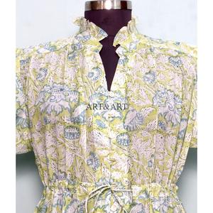 เดรสสั้นลำลองผ้าฝ้ายลายลูกไม้สไตล์หวานสำหรับผู้หญิง  ลายพิมพ์บล็อกด้วยมือ ทรงเอไลน์ น่ารัก มีกระเป๋า เรียบง่าย ใส่ได้ทุกวัน - Product Image 4