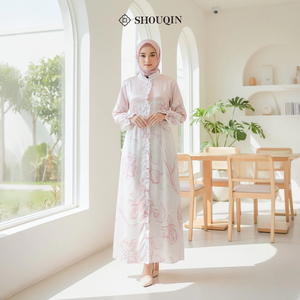 Shouqin Mazaya Muslim Women <b>Dress</b> Satin Silk & Barbara Silk Floral Print Front <b>Ruffle</b> & Nursing Friendly Modest Abaya Islam - Product Image 1
