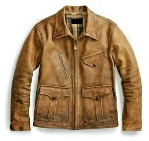 Premium Quality Genuine Leather <b>Bomber</b> <b>Jacket</b> for Men Winter Waterproof Canvas Front Logo <b>Vintage</b> Style Manufacturer Supplier - Product Image 1