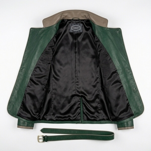Wholesale Factory Men Emerald Green Genuine Leather Belted Wrap Jacket Darkry Custom Safari <b>Trench</b> Coat Outerwear - Product Image 5