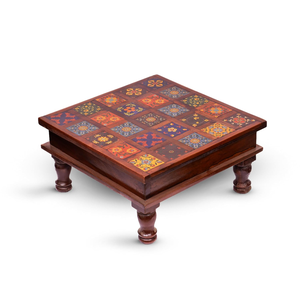 Mesa Baja Decorativa de Madera Hecha a Mano para Pooja, con Diseño Floral Incrustado, Taburete Tradicional Indio Bajot para Decoración del Templo del Hogar - Product Image 4