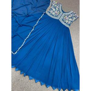 DISEÑADOR GEORGETTE BORDADO SECUENCIA BATA DE TRABAJO EN PIEDRA CON DUPATTA AZUL - Product Image 1