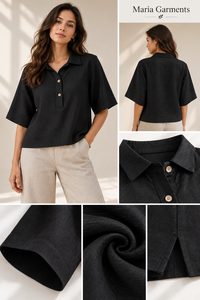 Women 100% <b>Linen</b> Cotton Collared Blouse Three Quarter Sleeve Casual Loose Fit Solid Woven Summer <b>Top</b> 2 Piece Long Set Wholesale - Product Image 4