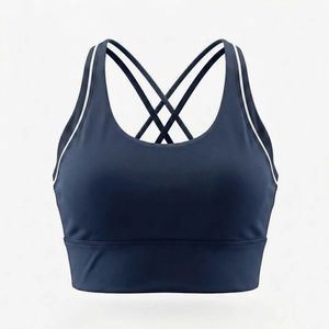 Women Navy Blue Criss <b>Cross</b> Sports Bra Crop <b>Top</b> Scoop Neck Sleeveless Fitted Tank <b>Top</b> Stretch Activewear Workout Fit Training - Product Image 1