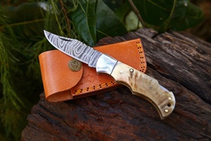 Couteau pliant en acier Damas de haute qualité, meilleur prix de gros, avec manche en corne de bélier et étui en cuir, personnalisable OEM ODM, faible MOQ - Product Image 6