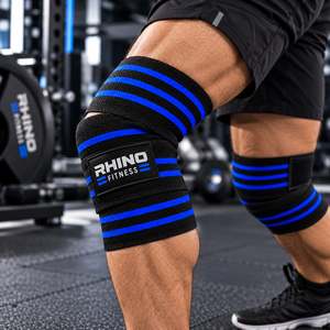 Rhino Fitness Adjustable Breathable <b>Nylon</b> Knee Wraps with Swelling Prevention Black Blue <b>Hook</b> Loop Stabilizer Support - Product Image 6