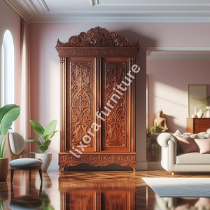 \Luxury Handcrafted Solid Wood 2 Door <b>Wardrobe</b> Ornate Botanical Carving Premium Finish Armoire - Product Image 5