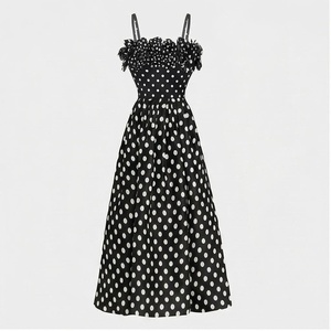 Vestido de gasa negro con lunares para mujer, con escote sin tirantes con volantes y falda de corte A - Product Image 1