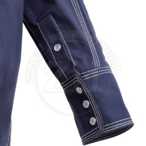Chemise de travail bleu marine à manches longues avec poches poitrine et surpiqûres contrastées, patch logo ZI, vente en gros, personnalisable, sécurité pour le soudage CAT 2 - Product Image 5
