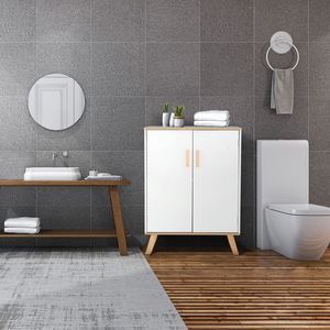 FCH Solid Wood Double Door Bathroom <b>Cabinet</b> <b>White</b> and Wood Grain Color for Living Room <b>Storage</b> - Product Image 1