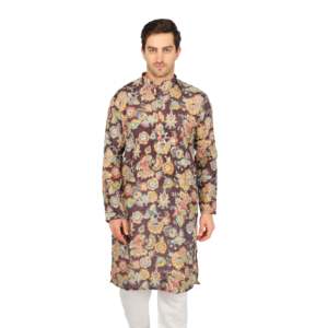 Ensemble de kurta pour homme de créateur avec broderie florale multicolore et motif à sequins - Tissu en crêpe marron TMEN05-04-S - Product Image 5