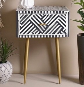 Mesita de noche/mesa auxiliar de madera hecha a mano con incrustaciones de hueso, 1 cajón, diseño sencillo, decoración para el hogar - Product Image 6