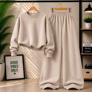 Ensemble sweat-shirt en polaire surdimensionné et pantalon à jambes larges pour femme – Ensemble de survêtement décontracté en deux pièces - Product Image 3