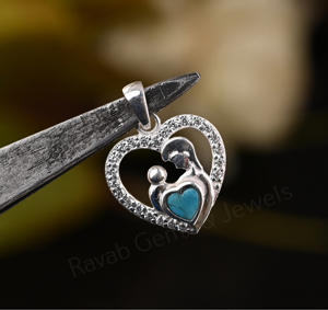 Arizona Turquoise 5mm Heart Shape Mother Baby Design Rhodium Sterling <b>Silver</b> Pendant Pave CZ Bezel Setting Unisex Gift Jewelry - Product Image 1