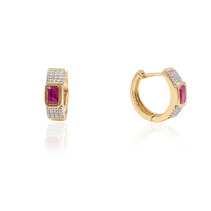 14K <b>Solid</b> <b>Gold</b> <b>Huggie</b> Hoop Earrings with Ruby and VS1 Diamond - Product Image 5