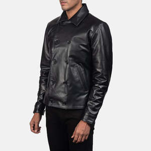 OEM Custom <b>Black</b> Leather <b>Peacoat</b> Waterproof Bomber Jacket Stand Collar Streetwear Zipper Closure Cotton Lining 100% <b>Men</b> - Product Image 2