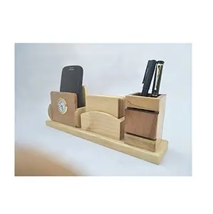 Natural Wood pen holder and clock Desk Organizer 2 compartments Wood Desk Pen Pencil Holder Stand with sale