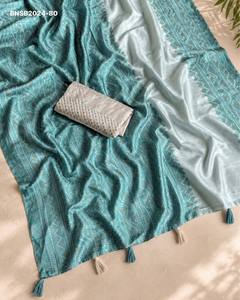 Sari de lino Kota de buena calidad con estampado Bandhani y borlas a juego en el pallu, blusa con trabajo de lentejuelas, proveedor indio. - Product Image 2