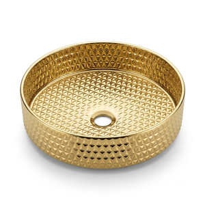 Luxury Geometric Textured Brass <b>Sink</b> Round Gold Countertop Wash Basin Diamond Pattern <b>Bathroom</b> Vessel <b>Bowl</b> Hotel Villa Decor - Product Image 1