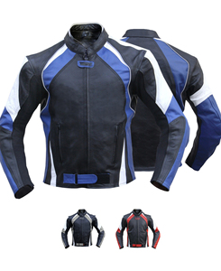 Veste d'hiver pour homme en cuir véritable de qualité supérieure, noire avec empiècements bleus, respirante, fermeture éclair, style urbain, couleur unie, coupe basse - Product Image 1
