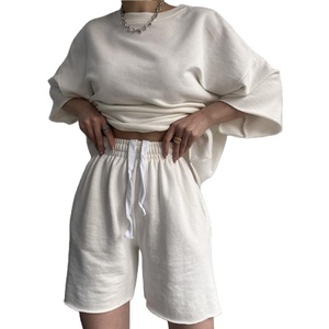 Women's 2025 <b>Summer</b> Casual Polyester Two-Piece Set Solid Color Half-Sleeved Neck Loose Rope Shorts Button Pattern <b>Decoration</b> - Product Image 4