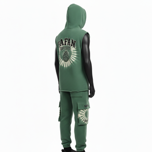เสื้อฮู้ดดี้แขนกุดผ้าฝ้ายผสมโพลีเอสเตอร์พรีเมียมสำหรับผู้ชาย และกางเกงคาร์โก้สีเขียวลายมัดย้อม พิมพ์ลายสกรีนโลโก้ตามสั่ง ชุด 2 ชิ้น สำหรับผู้ชาย - Product Image 5