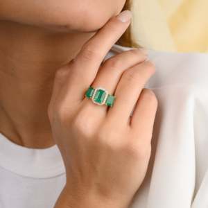 18K Gold Three Stone Emerald Diamond <b>Ring</b> for Women Solid Gold <b>Resizable</b> - Product Image 5
