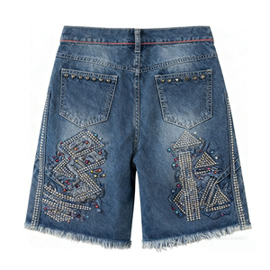 Pantalones Cortos de Mezclilla para Hombre Hechos a Medida, Estilo Vintage, con Cierre, Dobladillo sin Rematar, Tela de Algodón, con Pedrería - Product Image 2