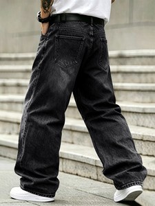 <b>Men's</b> Breathable Eco-Friendly Lightweight Wide Leg <b>Jeans</b> Mid Waist Casual Cotton Denim Pants <b>Drawstring</b> Closure Flat Front Style - Product Image 4