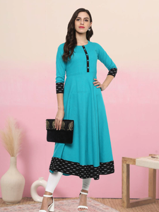 Cotton Slub Anarkali <b>Kurta</b> Dress Ikat Printed Floral Blouse Ethnic <b>Women</b> Summer Casual Knee-Length Sun Protection - Product Image 3
