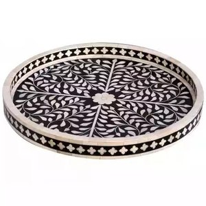 Bandeja decorativa rectangular con incrustaciones de hueso de madera, plato para servir con diseño floral, decoración de mesa para bodas y cenas a precio de mayorista. - Product Image 3