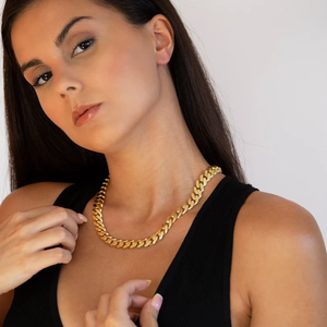 Miami Chain Necklace 14K Gold Plated Zinc Alloy Vintage Link Chain Jade Pave IGI Certified Micro Insert Lock Clasp Unisex Party - Product Image 1