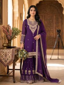 Ensemble robe et dupatta brodés de sequins violets pour femme, Kurta Palazzo longueur cheville, tenue de soirée, de mariage ou de fête de l'Aïd - Product Image 3
