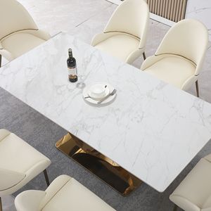 Set sala da pranzo da 71 pollici con Base a piedistallo in acciaio al carbonio bianco Carrara 6 pz sedie con tavolo e sedie in pietra - Product Image 4