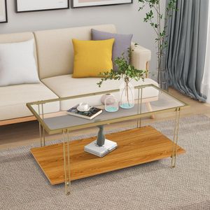 2 Tiers <b>Rectangle</b> Glass <b>Coffee</b> <b>Table</b> with White and Gold Steel Frame for Living Room - Product Image 1