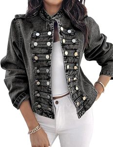 CHICME Denim <b>Jacket</b> for <b>Women</b> Double Breasted Button up Stand Collar Washed Casual Long Sleeve <b>Lightweight</b> Fall Coat - Product Image 5