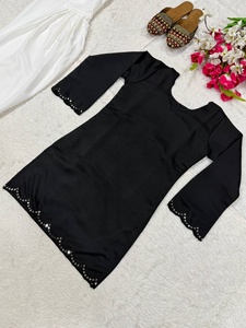 <b>Women's</b> Black Roman Silk <b>Kurta</b> With White Palazzo Pants Loose Fit Casual Wear Indian Pakistani Style All Seasons - Product Image 5