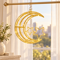Décoration de fenêtre pour Ramadan et l'Aïd : petite lune croissante à double couche avec étoiles jumelles et crochet en métal, fonctionnant sur piles LED