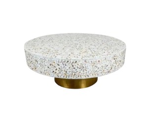 Handcrafted Modern <b>Round</b> Mother of Pearl Inlay Coffee <b>Table</b> with <b>Gold</b> Metal Base White Floral Mosaic Design for Home & Hotel Use - Product Image 1