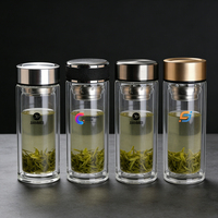 Mug à thé en verre à double paroi transparent de 300 ml avec logo personnalisé, infuseur à thé plaqué or sans BPA, filtre portable pour le bureau