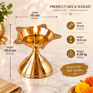 Antique Brass Star Shape Diya Oil Lamp with Pedestal Stand Traditional Puja Deepak for <b>Home</b> Temple Festive Decor - Product Image 3