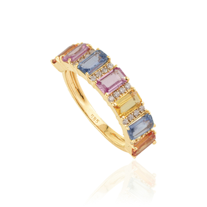 Magnifiques produits les plus vendus : Bague demi-éternité en or jaune véritable K14 avec saphirs multicolores et diamants, bijoux pierres de naissance - Product Image 3