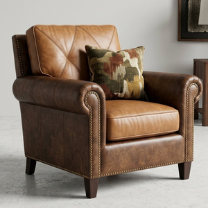 Classic Genuine Leather <b>Armchair</b> with Rolled Arms and Nailhead Trim Premium Single Sofa Chair for Living Room Hotel - Product Image 1