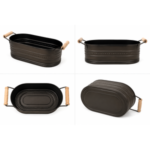 Matte Black Ribbed Oval Galvanized Steel Beverage Tub With Wooden Grips Handles Ribbed Wine <b>Cooler</b> For Party Tableware - Product Image 5