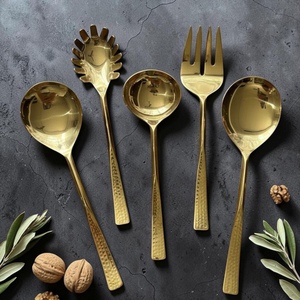 Gold Plated Serving Spoon Set <b>Mirror</b> Finish Long Handle Glam Design Party Tableware - Product Image 1